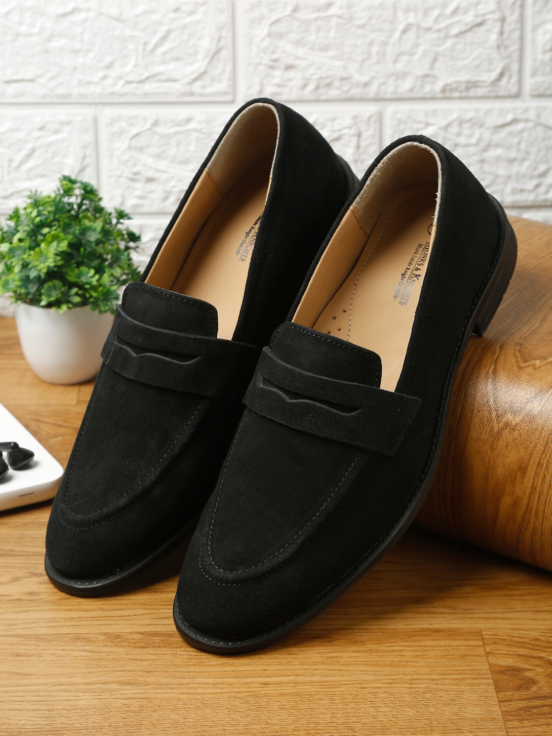 

MONKS & KNIGHTS Men Black Suede Slip-On Penny Loafers