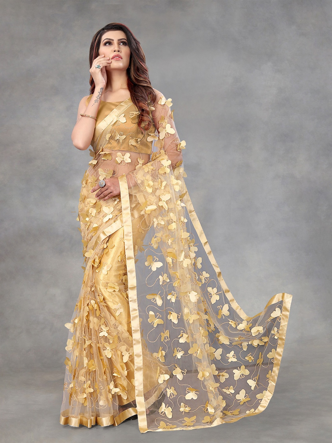

DITISA FASHION Beige Embellished Net Saree