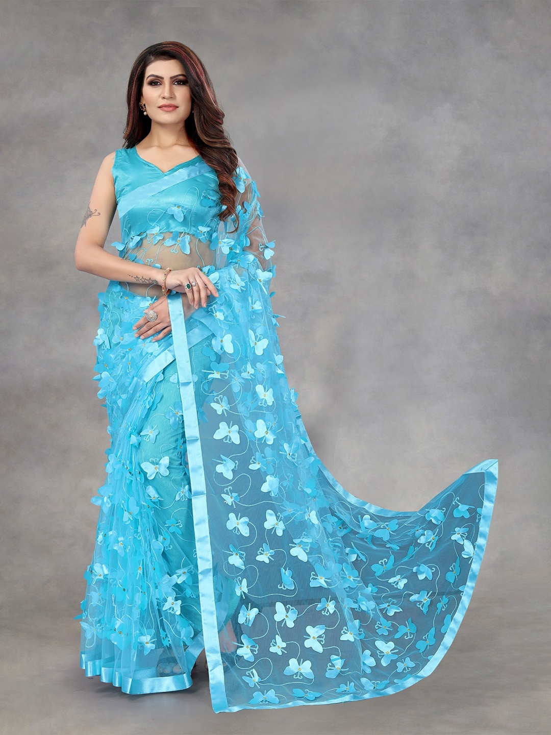 

DITISA FASHION Blue Embellished Net Saree