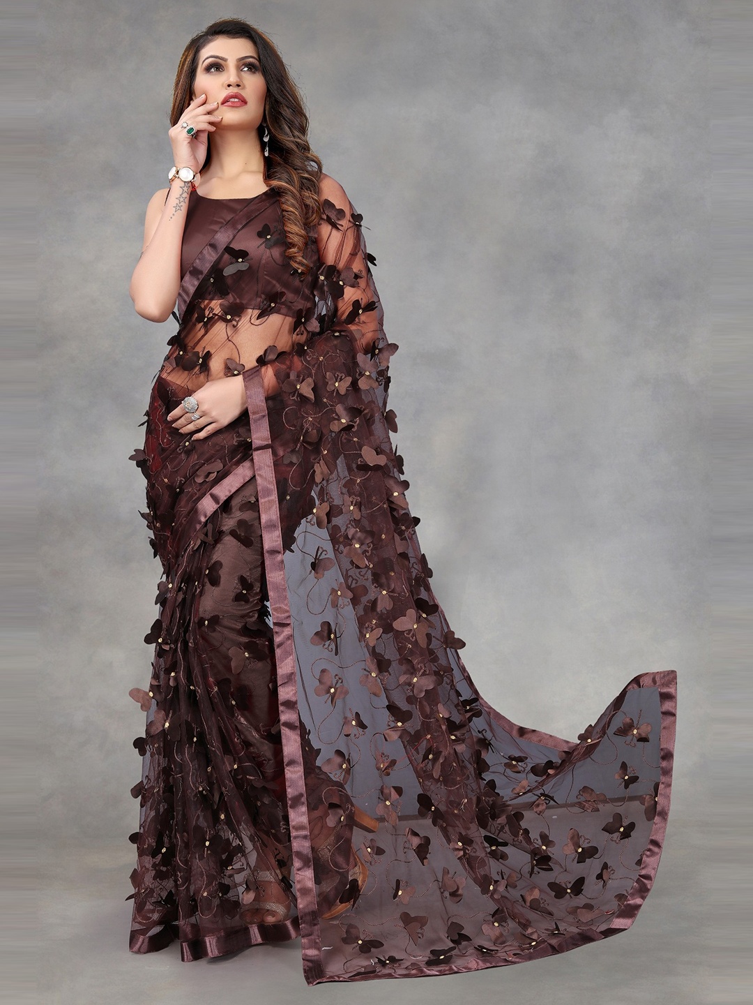 

DITISA FASHION Brown Floral Net Saree