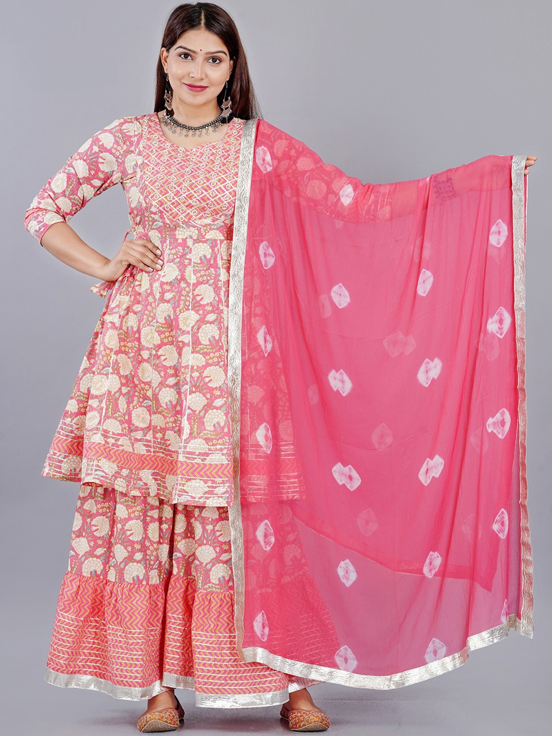 KALINI Women Pink Floral Pure Cotton Kurta With Sharara And Dupatta