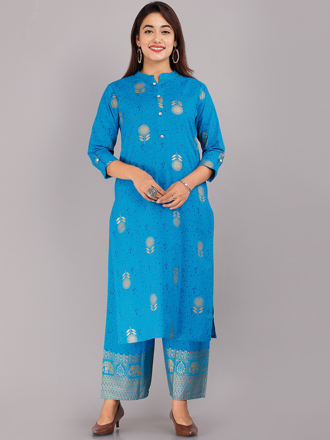 

KALINI Women Blue Floral Printed Pure Cotton Kurta with Palazzos