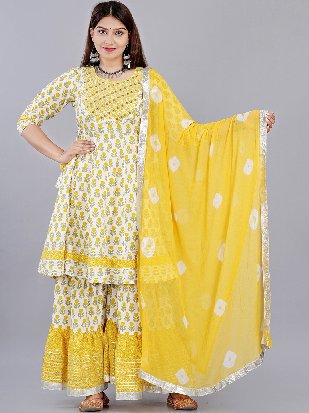 

KALINI Women Yellow Floral Printed Pure Cotton Kurta with Sharara & Dupatta
