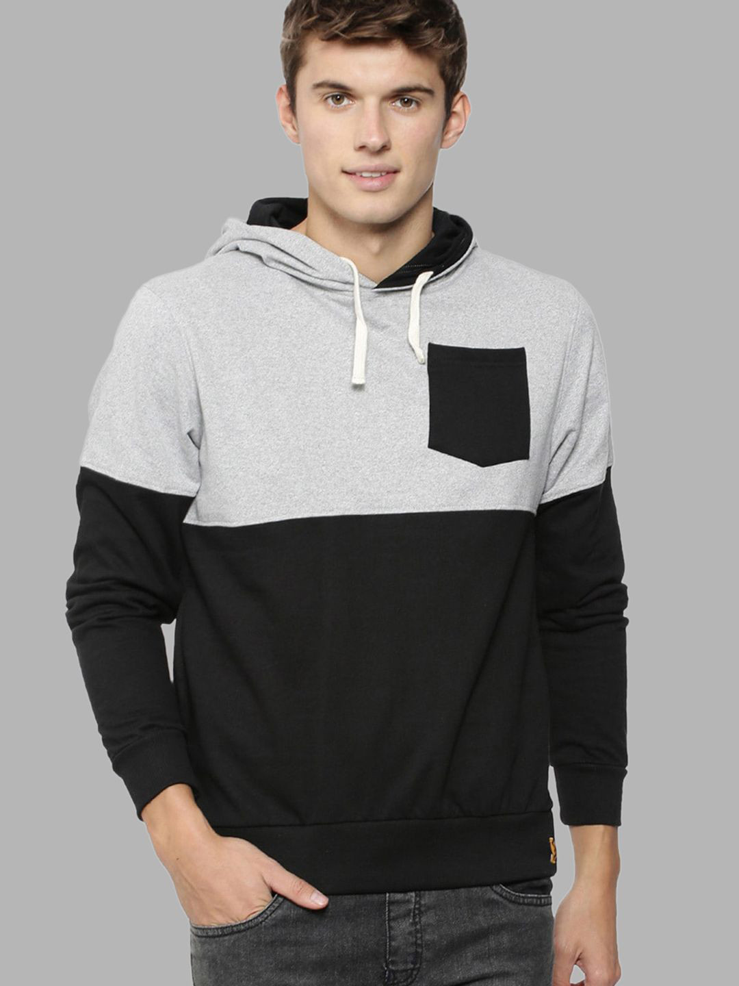 

Campus Sutra Men Black & Grey Colourblocked Hooded Sweatshirt