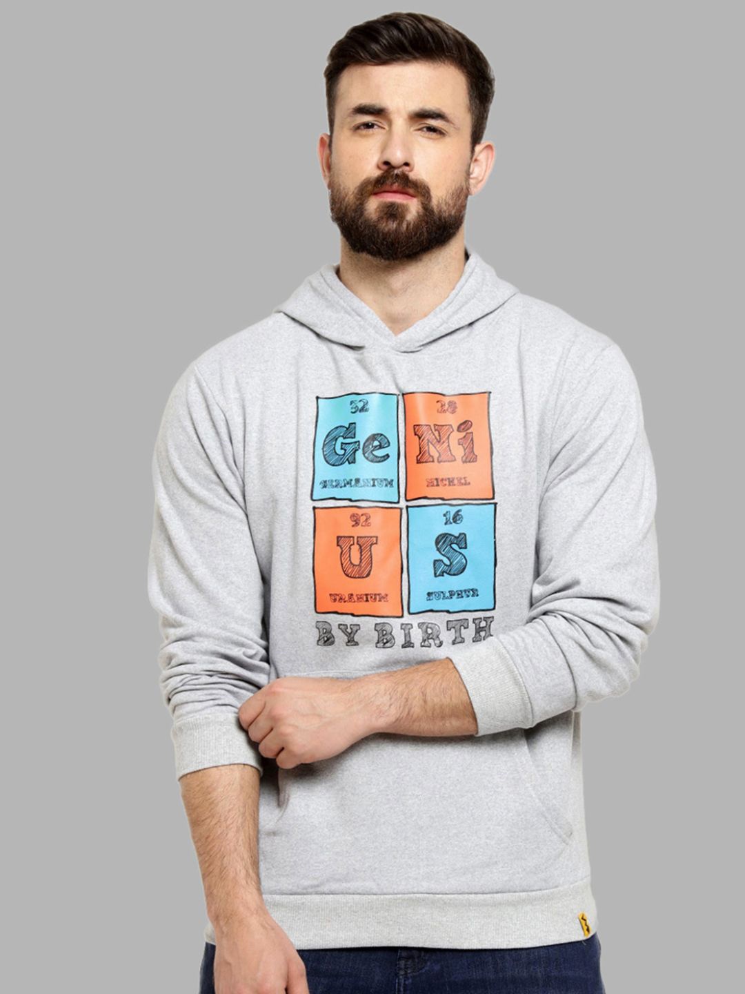 

Campus Sutra Men Grey Printed Hooded CottonSweatshirt