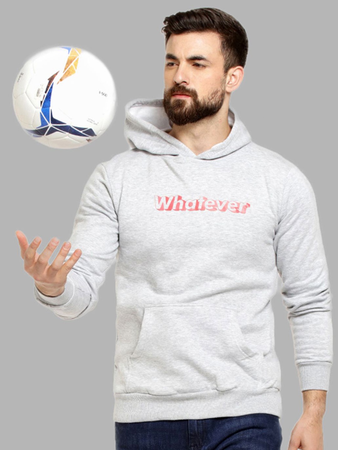 

Campus Sutra Men Grey Printed Hooded Cotton Sweatshirt