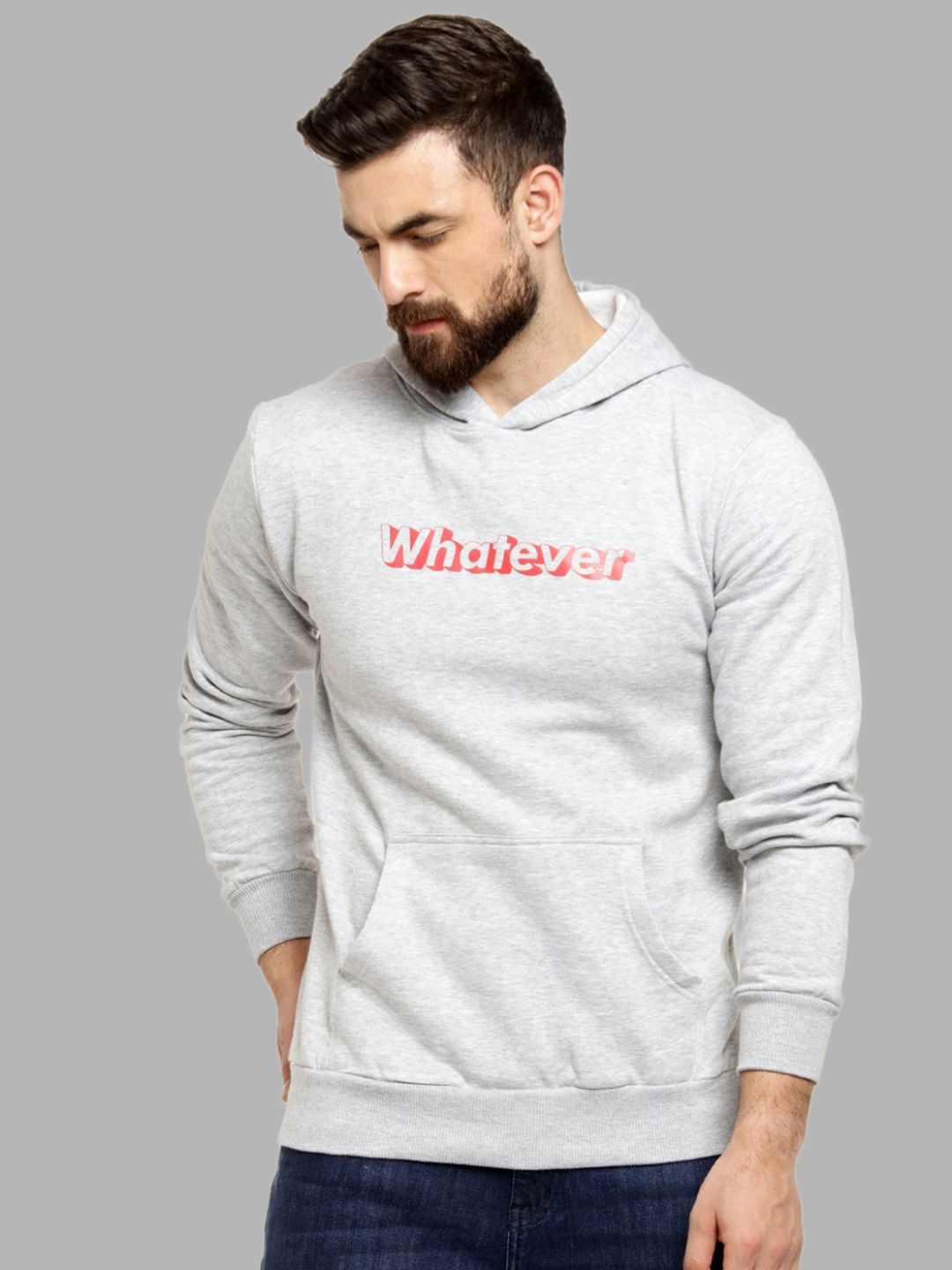 

Campus Sutra Men Grey Printed Hooded Cotton Sweatshirt