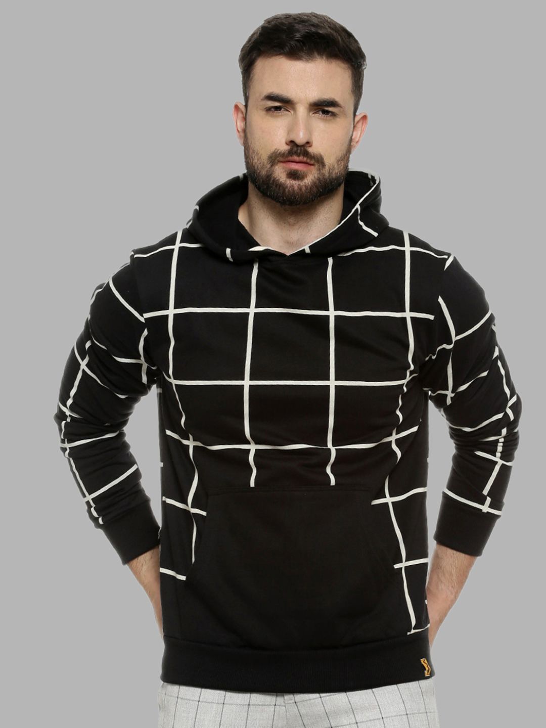 

Campus Sutra Men Black Checked Hooded Sweatshirt