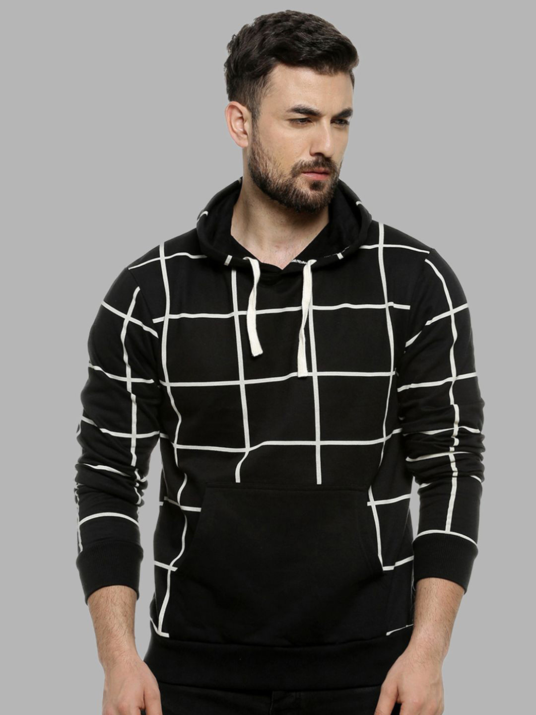 

Campus Sutra Men Black Checked Hooded Cotton Sweatshirt