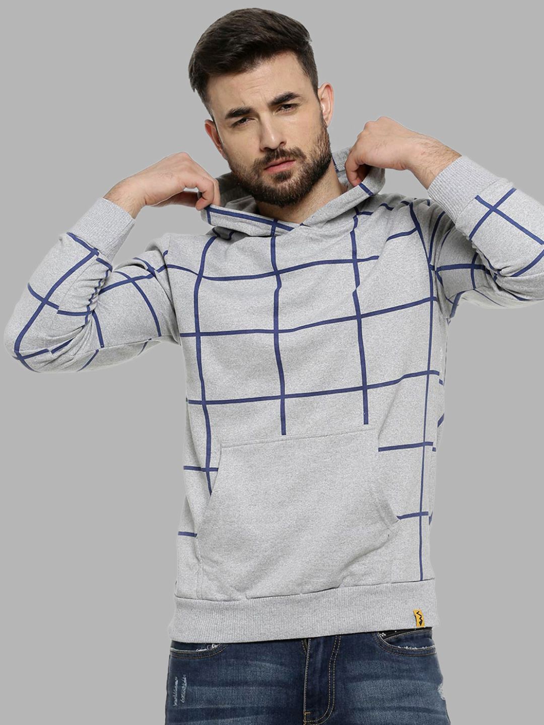 

Campus Sutra Men Grey Checked Hooded Cotton Sweatshirt