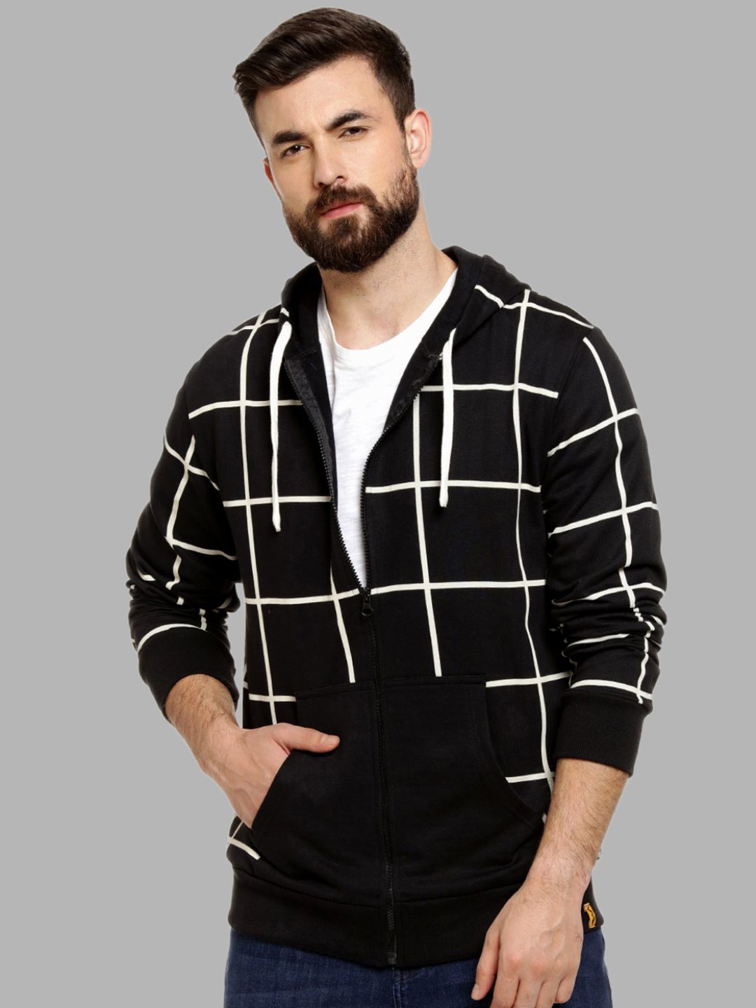 

Campus Sutra Men Black Checked Hooded Sweatshirt