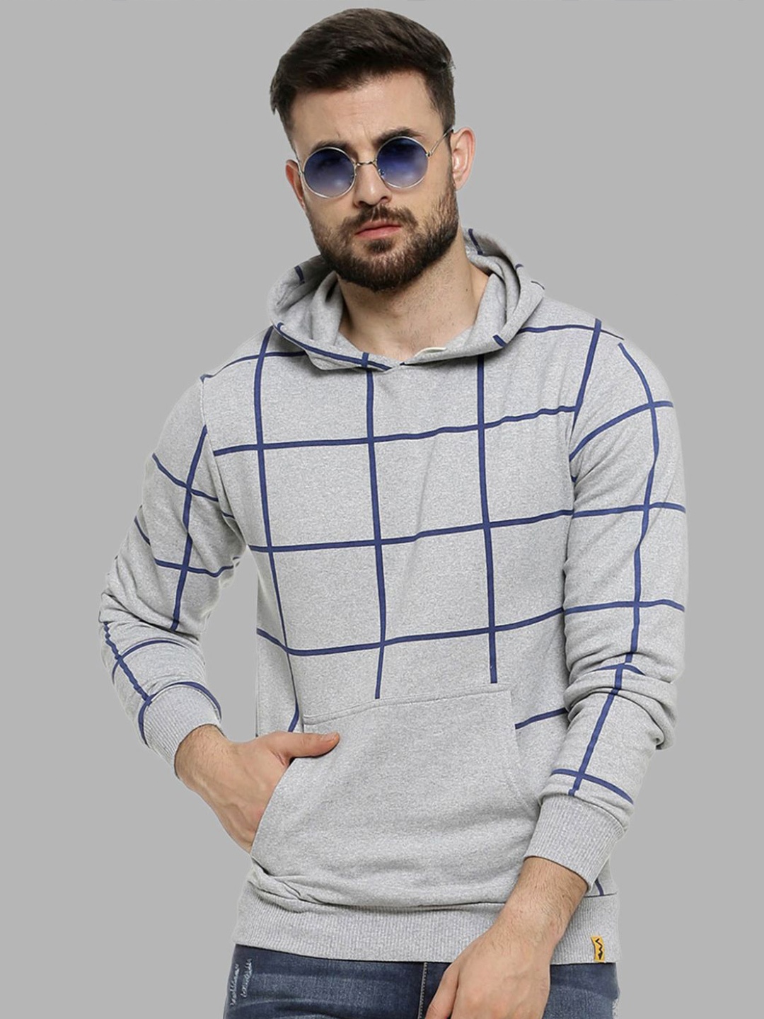 Campus Sutra Men Grey Checked Hooded Cotton Sweatshirt