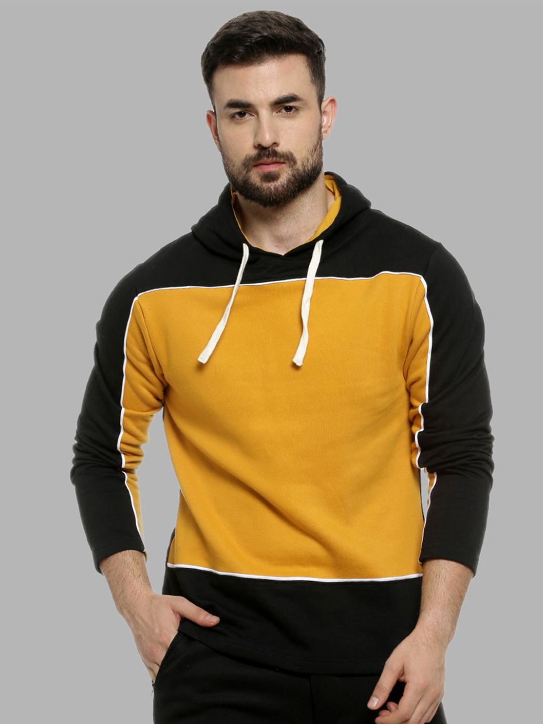 

Campus Sutra Men Black & Yellow Colourblocked Hooded Sweatshirt