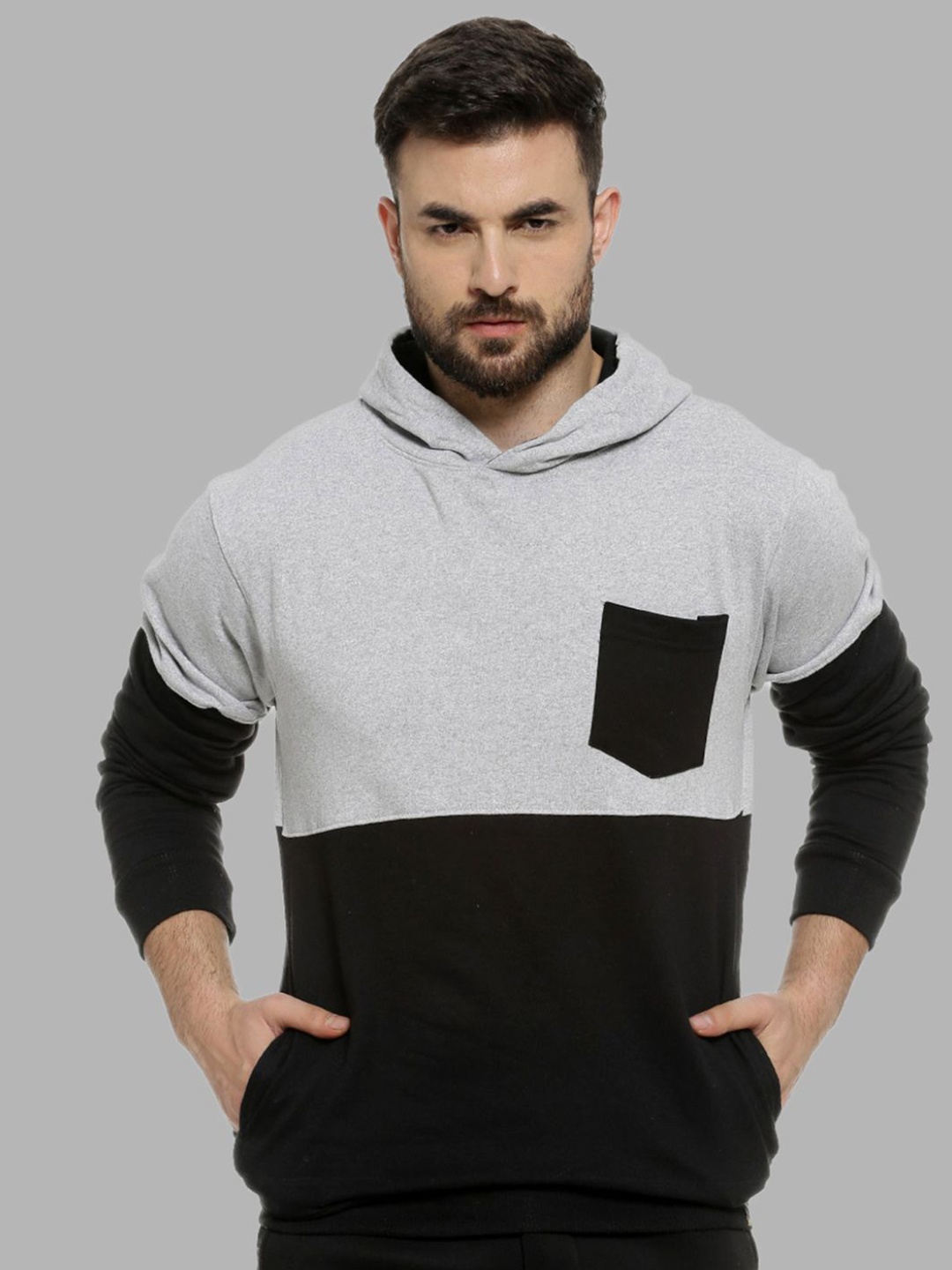 

Campus Sutra Men Black Colourblocked Hooded Sweatshirt