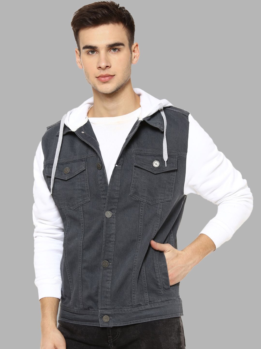 

Campus Sutra Men Charcoal White Colourblocked Windcheater Outdoor Denim Jacket
