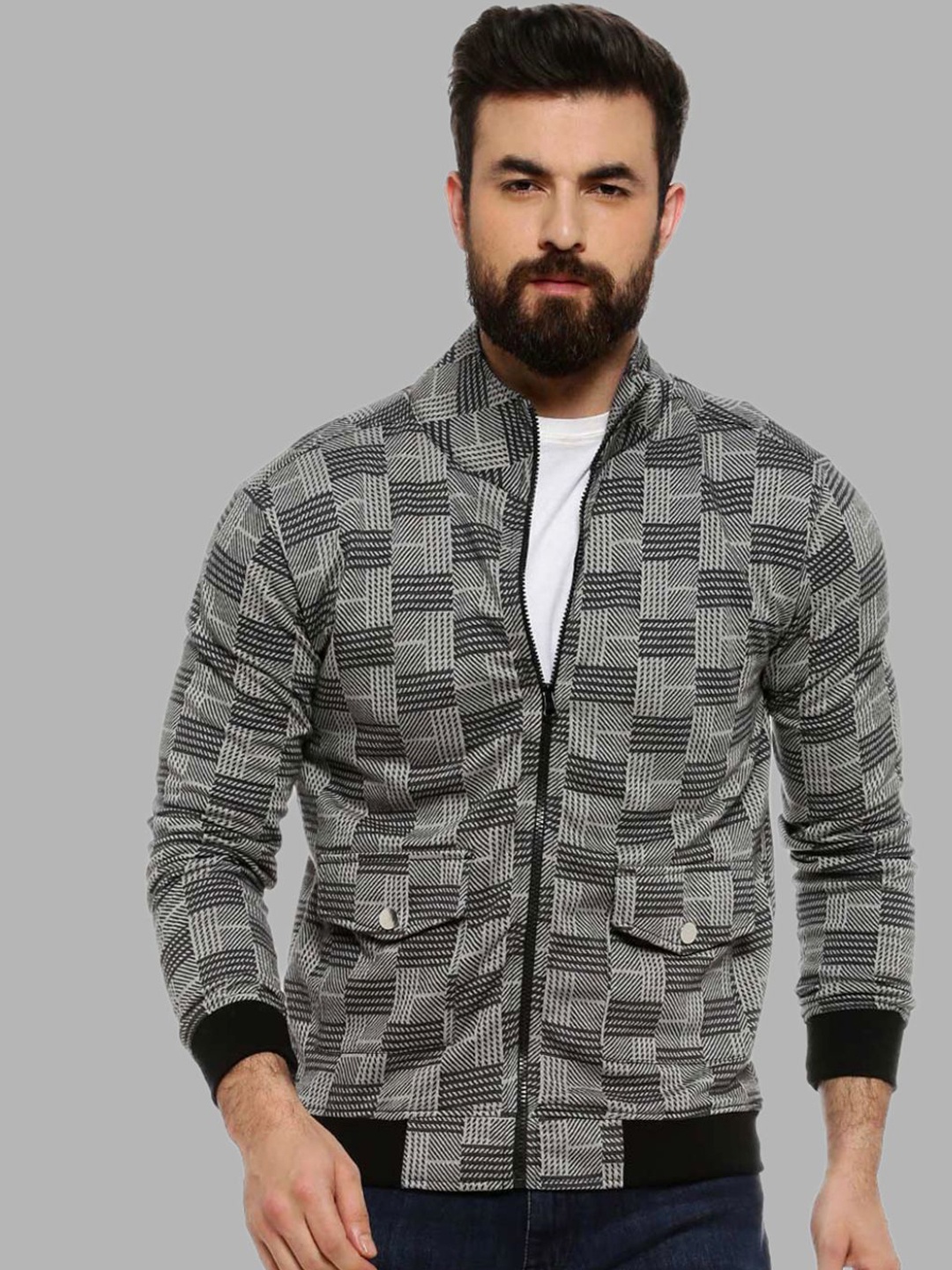 

Campus Sutra Men Grey Windcheater Outdoor Biker Jacket