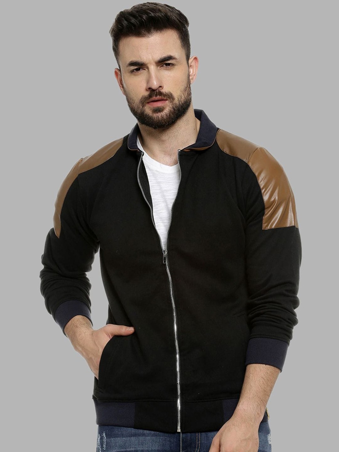 

Campus Sutra Men Black Windcheater Outdoor Bomber with Patchwork Jacket