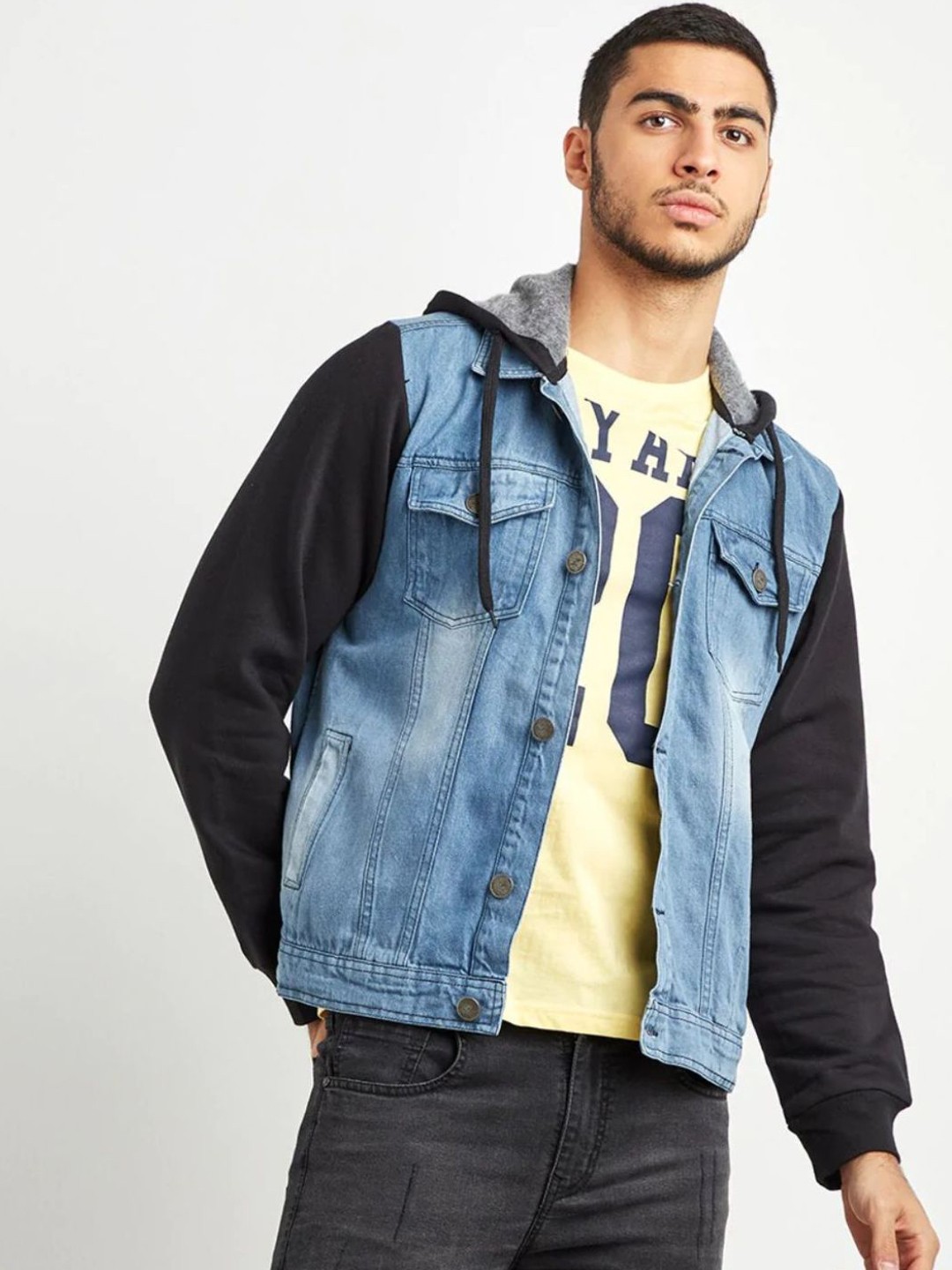 

Campus Sutra Men Blue Black Washed Windcheater Denim Jacket