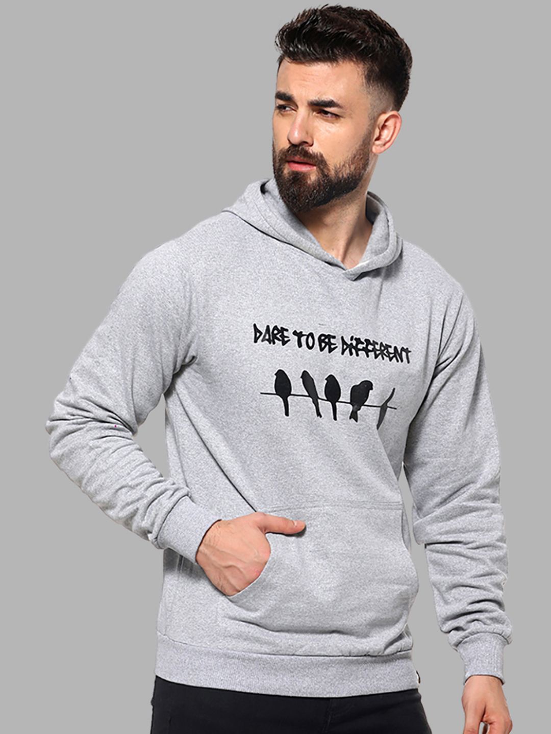 

Campus Sutra Men Grey Printed Hooded Sweatshirt