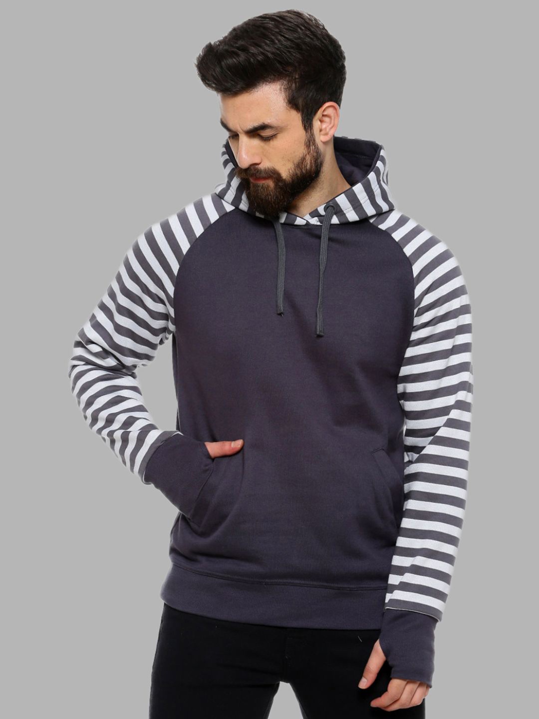 

Campus Sutra Men Grey Striped Hooded Cotton Sweatshirt