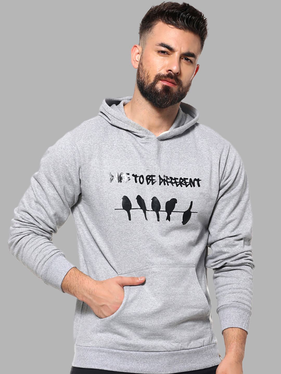 Campus Sutra Men Grey Printed Hooded Sweatshirt