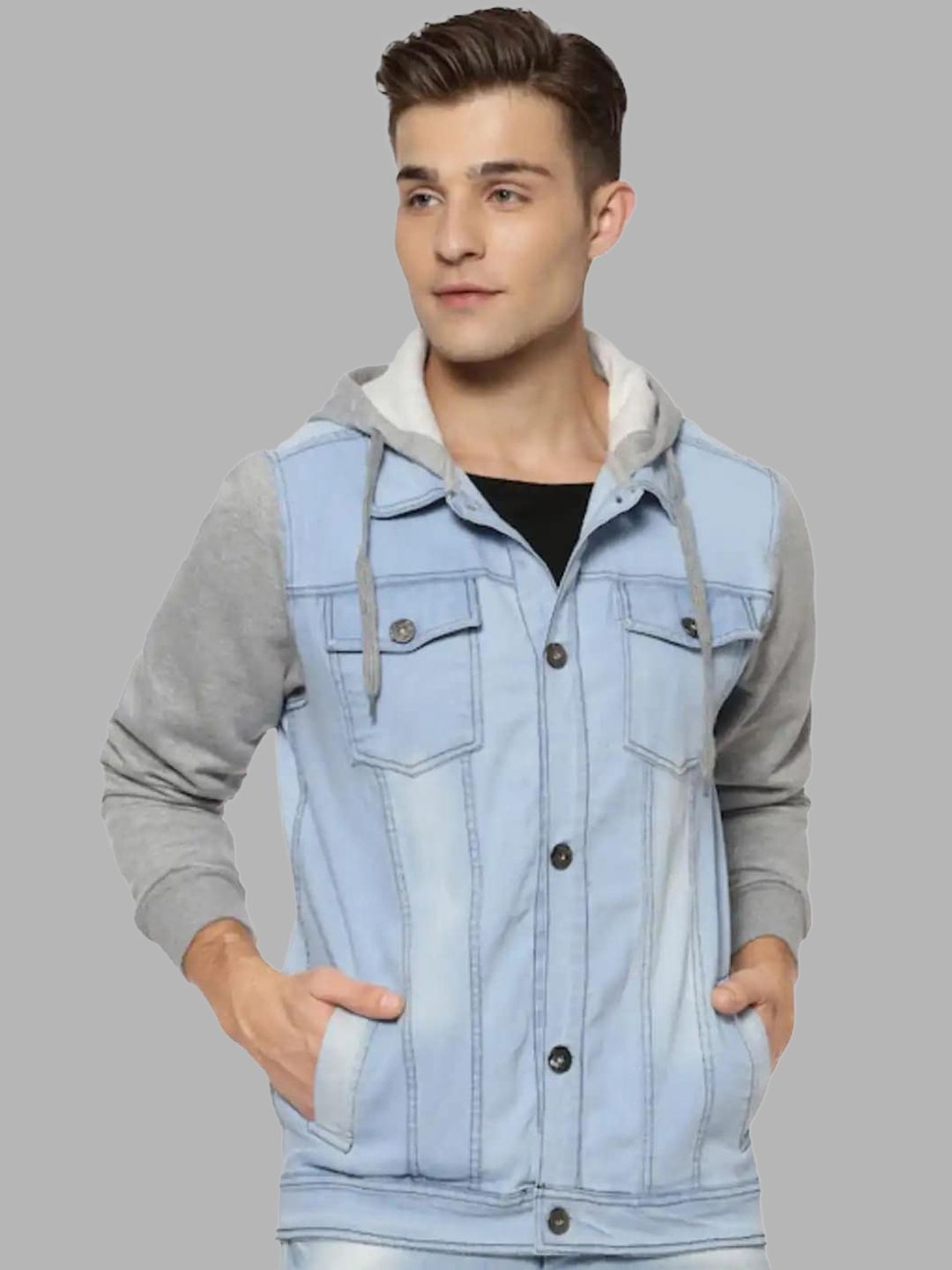 

Campus Sutra Men Grey Blue Washed Windcheater Outdoor Cotton Tailored Jacket