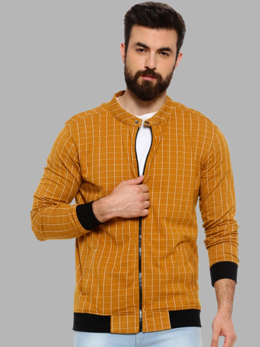 

Campus Sutra Men Mustard White Geometric Windcheater Outdoor Bomber Jacket