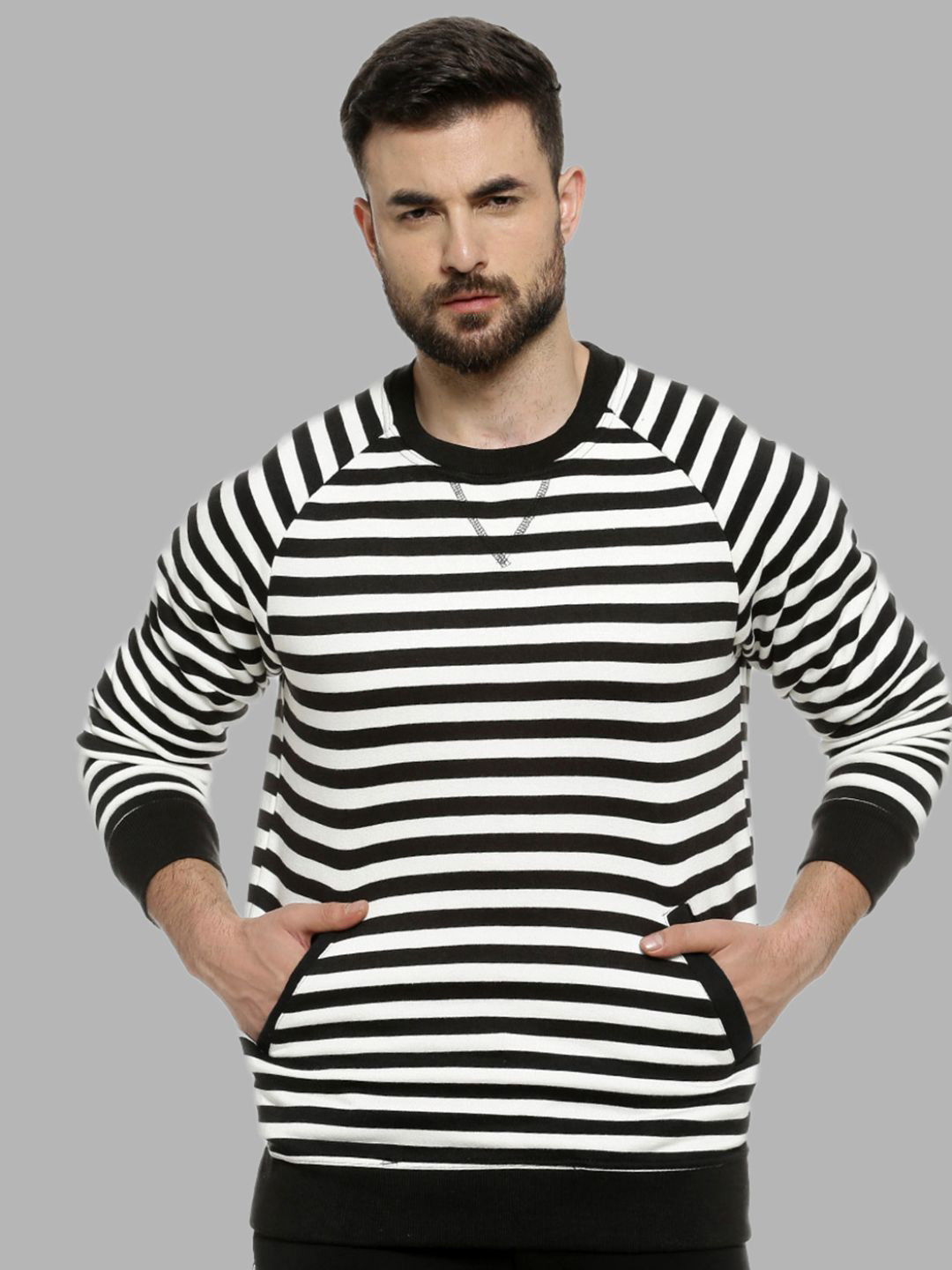 

Campus Sutra Men Black Striped Cotton Sweatshirt