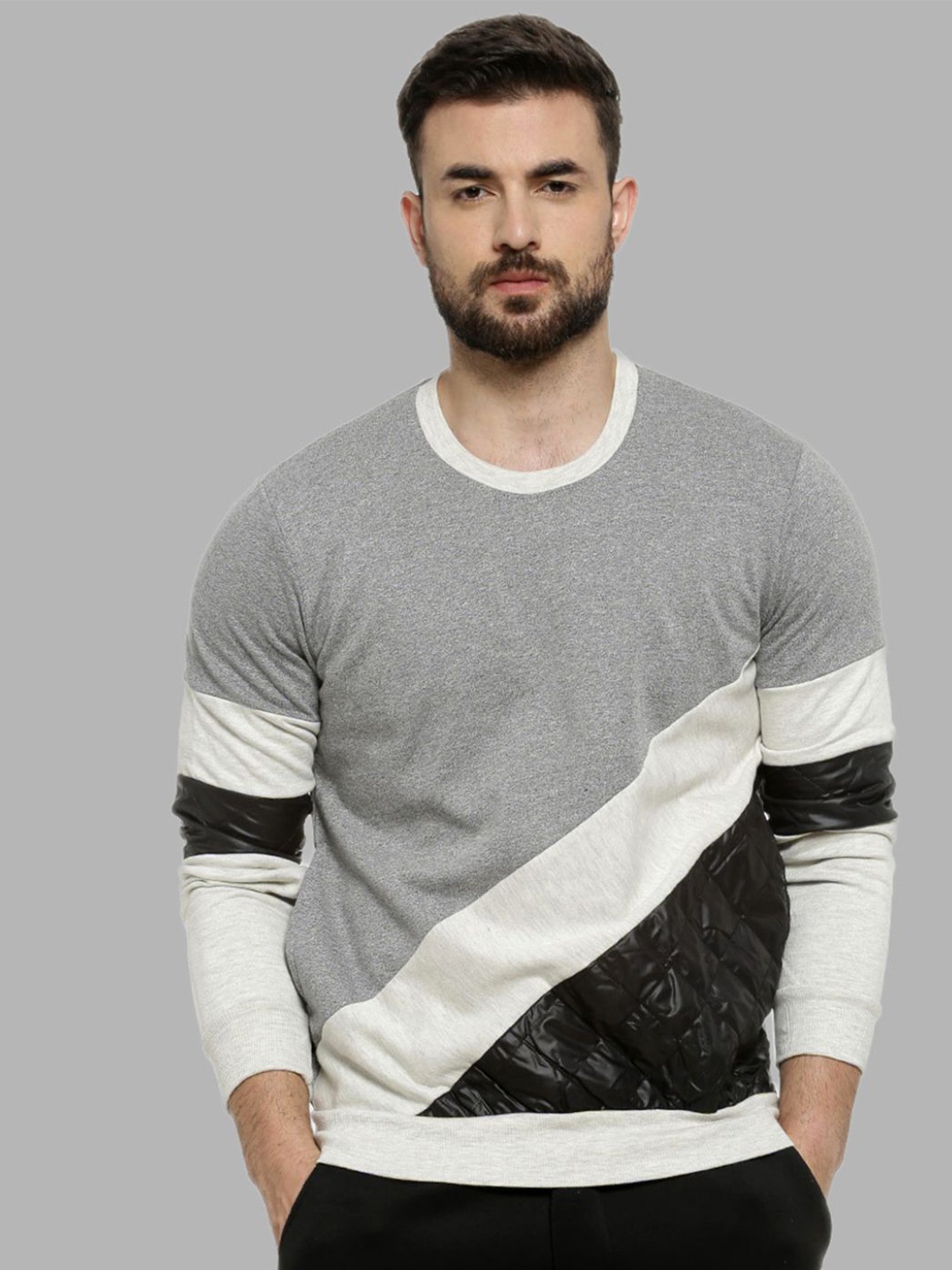 

Campus Sutra Men Grey Colourblocked Sweatshirt