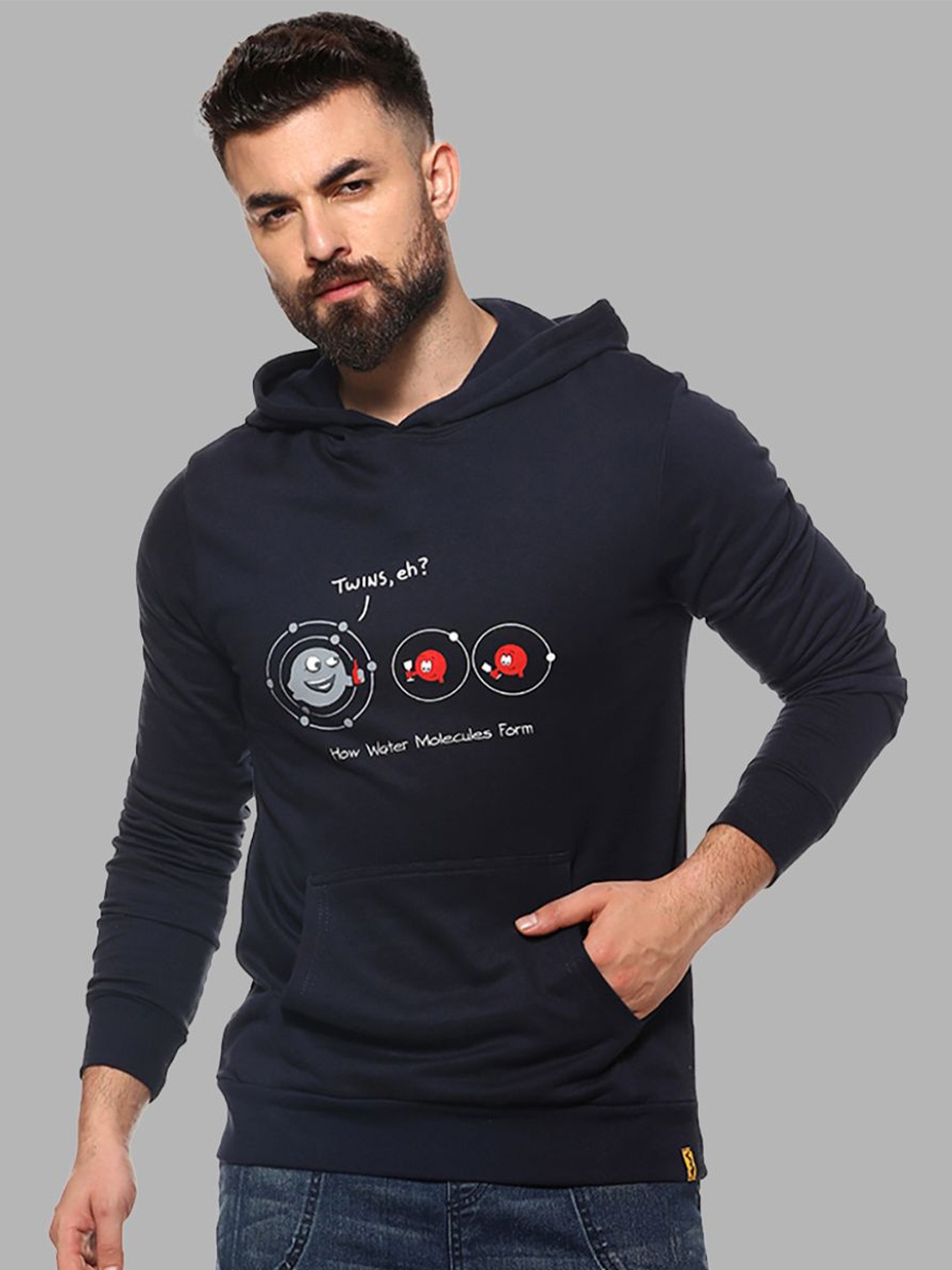 

Campus Sutra Men Navy Blue Printed Hooded Sweatshirt