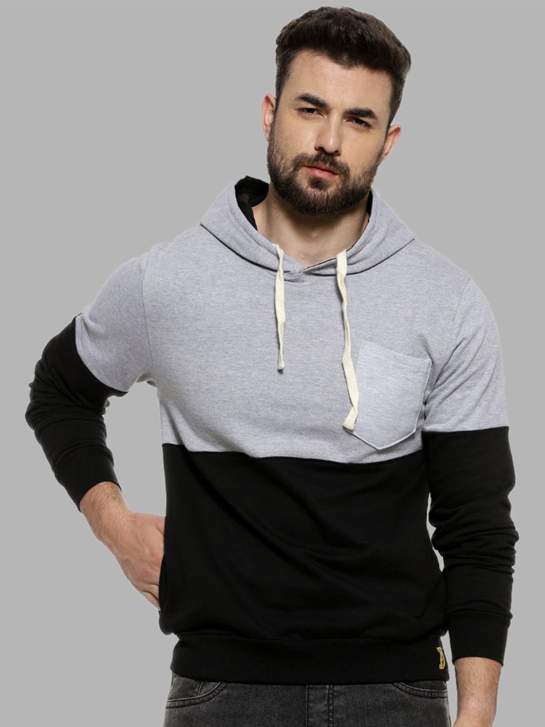 

Campus Sutra Men Black Colourblocked Hooded Sweatshirt