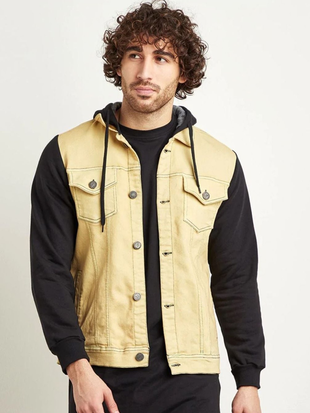 

Campus Sutra Men Yellow Colourblocked Windcheater Outdoor Denim Jacket with Patchwork