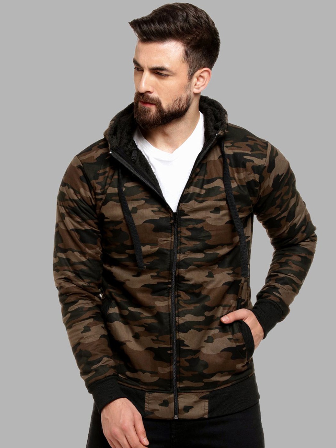 

Campus Sutra Men Green Camouflage Windcheater Outdoor Open Front Jacket