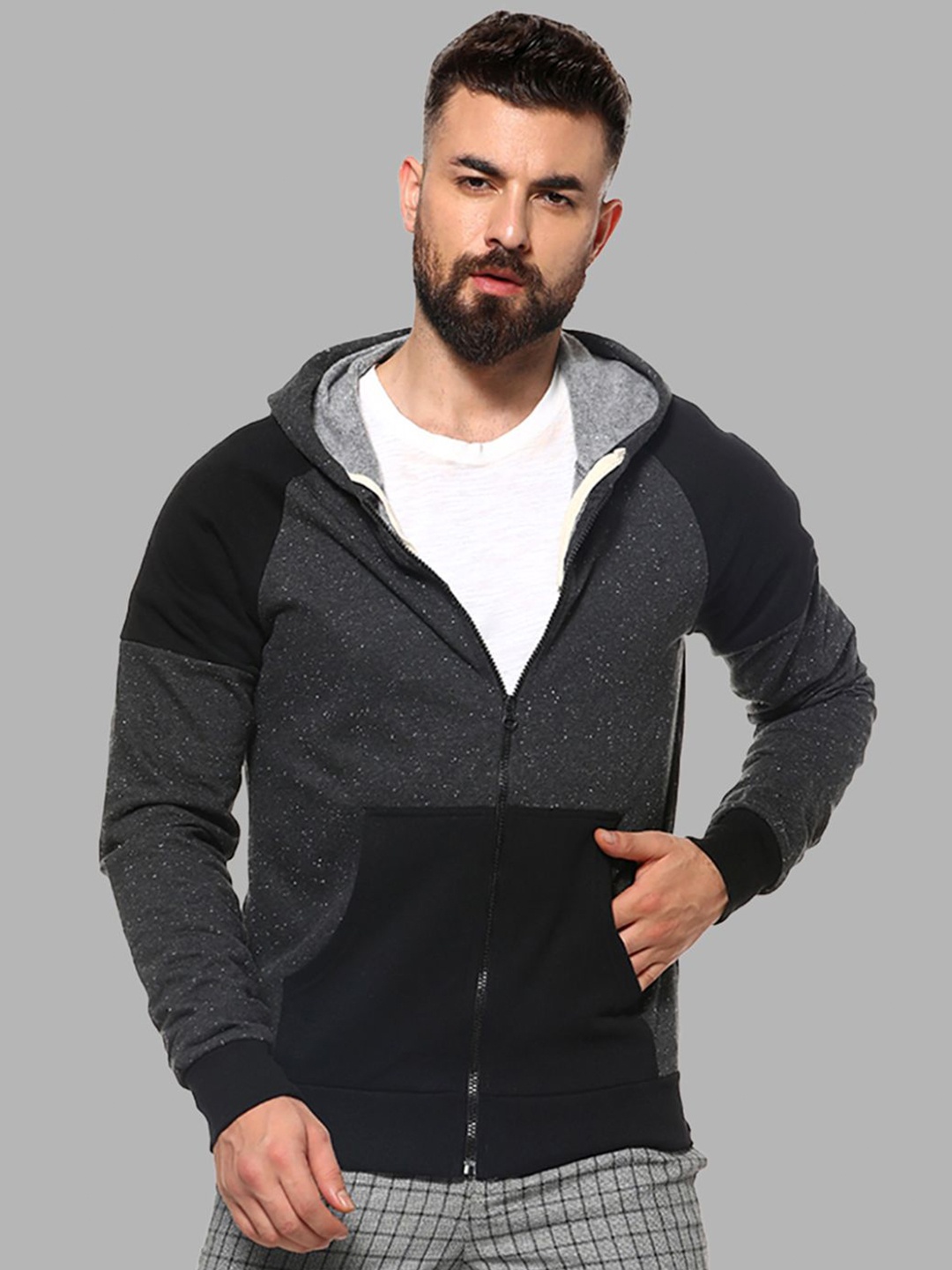 

Campus Sutra Men Black Colourblocked Hooded Sweatshirt