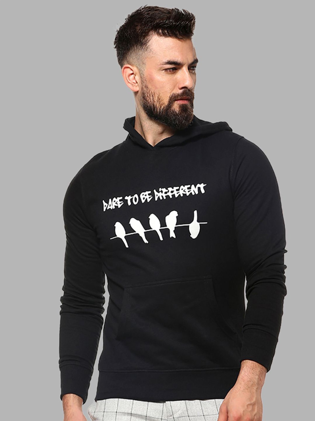 Campus Sutra Men Black Printed Hooded Sweatshirt