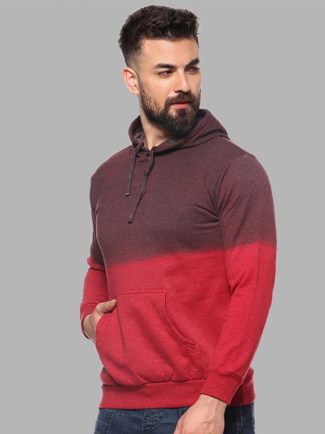 

Campus Sutra Men Maroon Colourblocked Hooded Sweatshirt