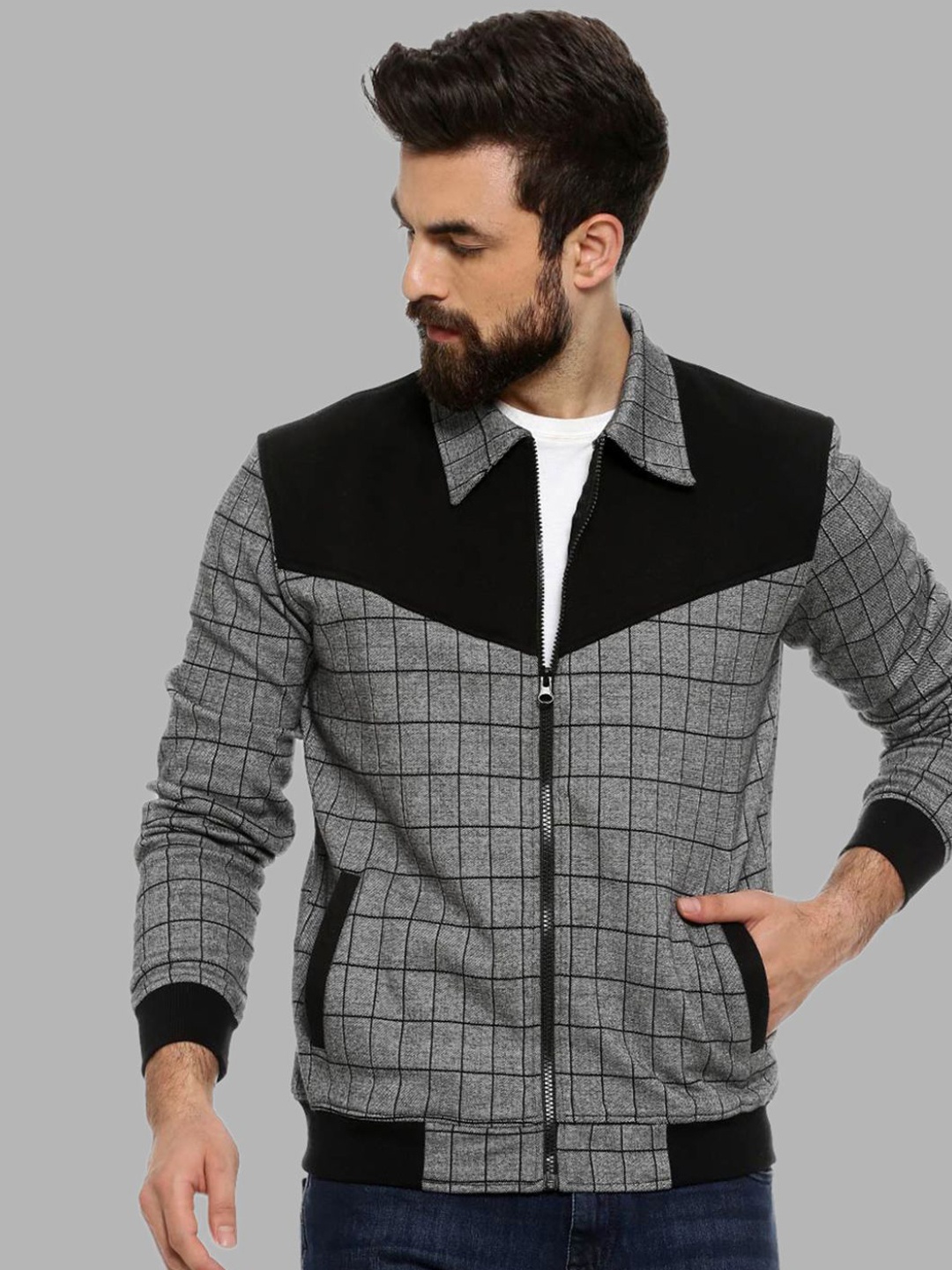 Campus Sutra Men Grey & Black Checked Cotton Bomber Jacket