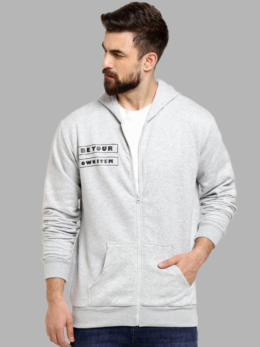 

Campus Sutra Men Grey Printed Hooded Cotton Sweatshirt