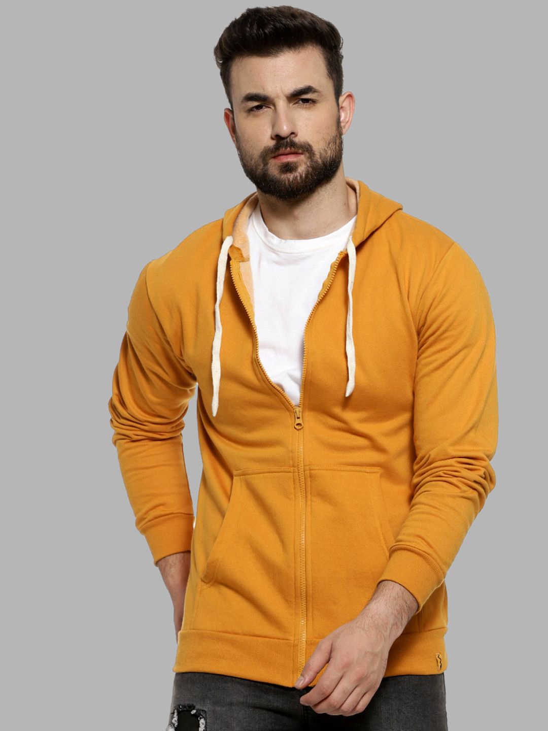 

Campus Sutra Men Mustard Hooded Cotton Sweatshirt
