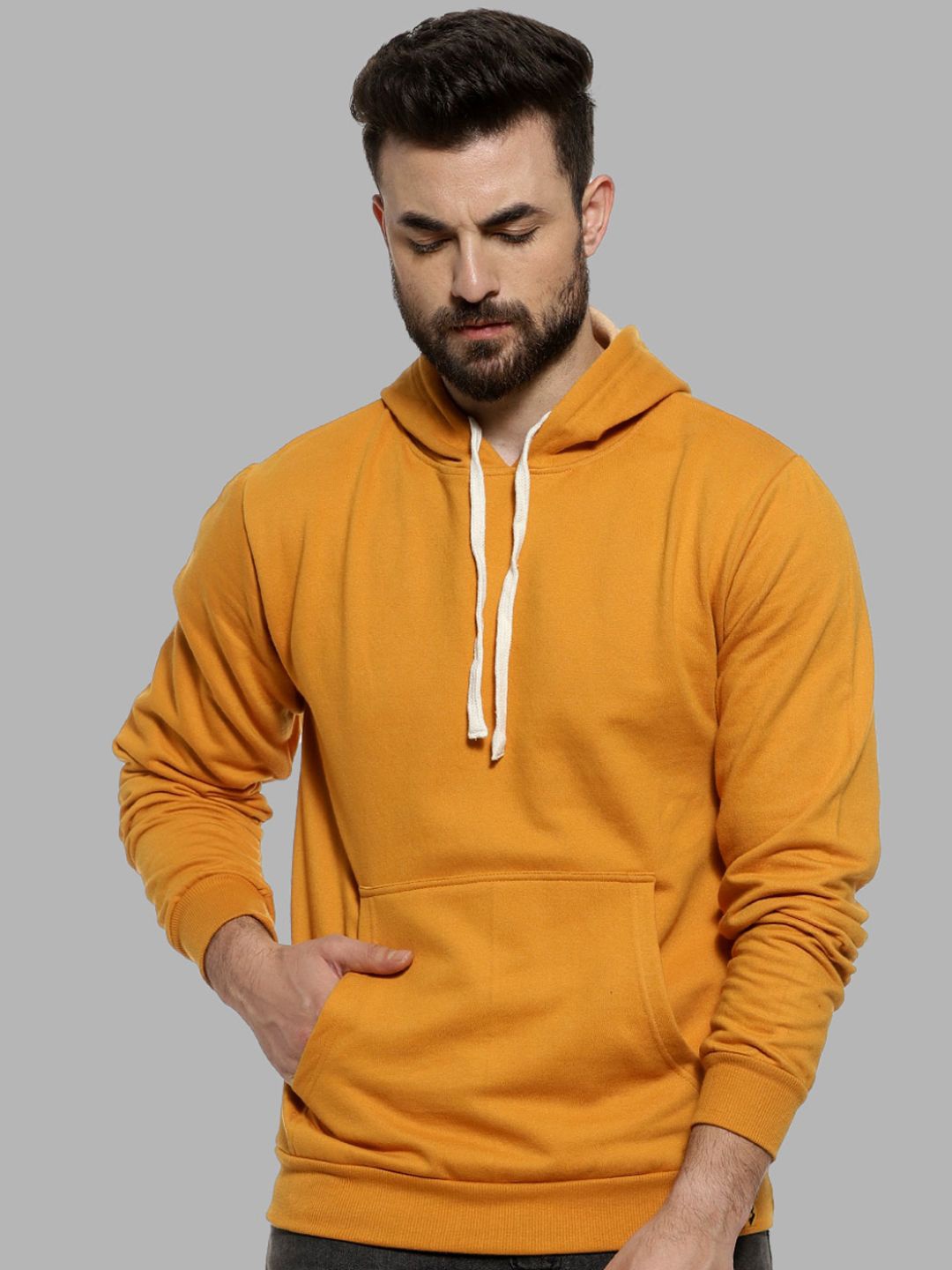 Campus Sutra Men Mustard Hooded Cotton Sweatshirt