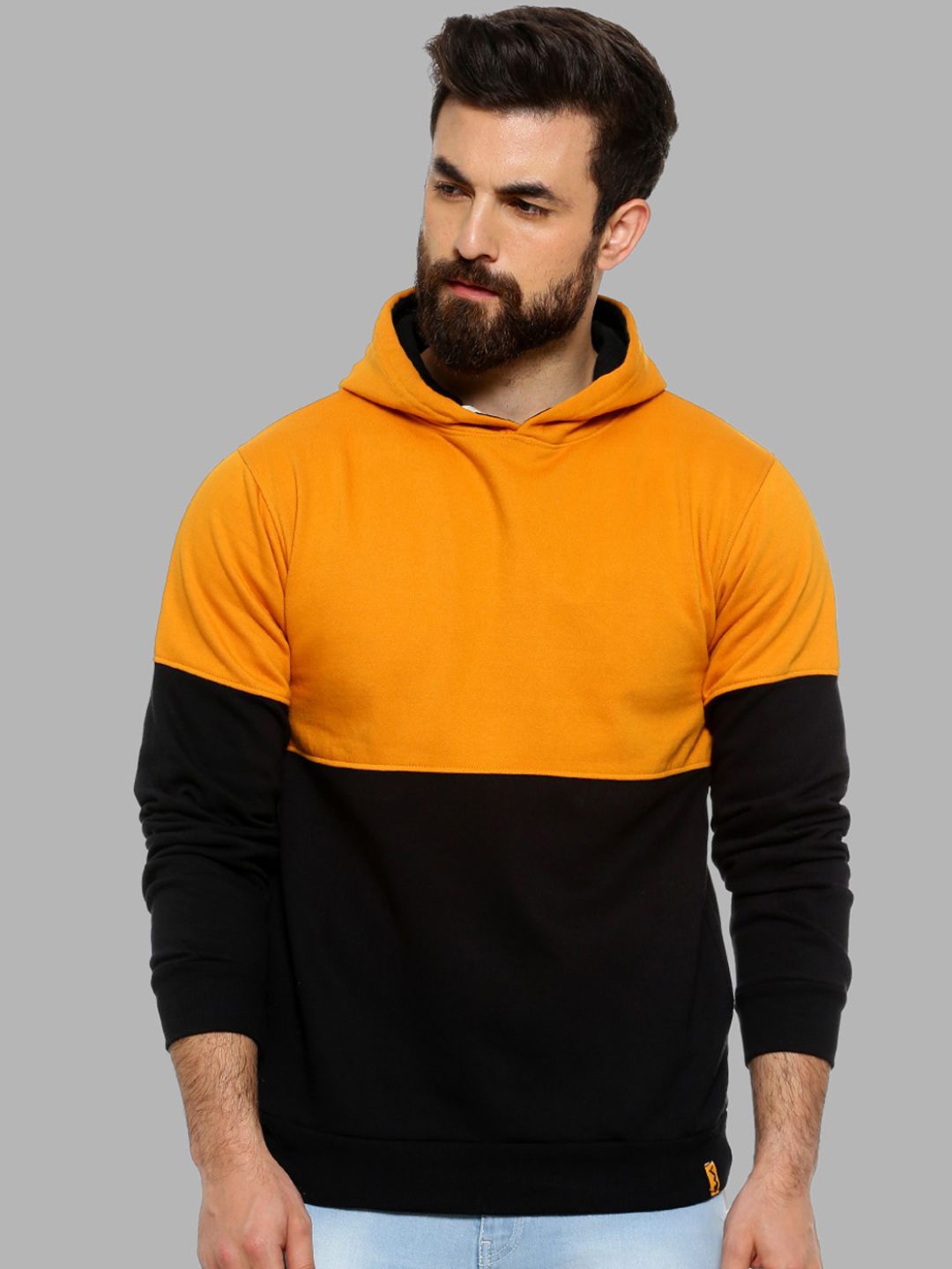

Campus Sutra Men Mustard & Black Colourblocked Hooded Sweatshirt