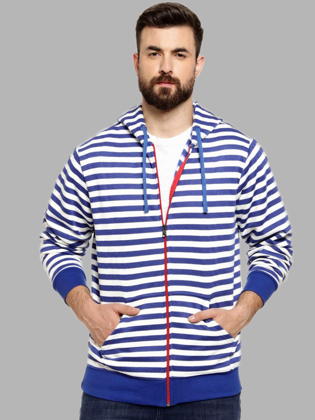

Campus Sutra Men Blue Striped Hooded Cotton Sweatshirt