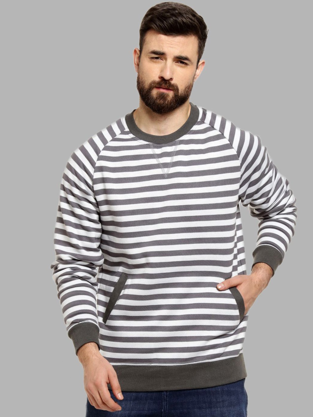 

Campus Sutra Men Grey Striped Cotton Sweatshirt