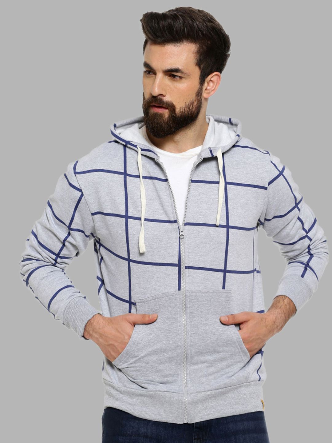 

Campus Sutra Men Grey Checked Hooded Sweatshirt