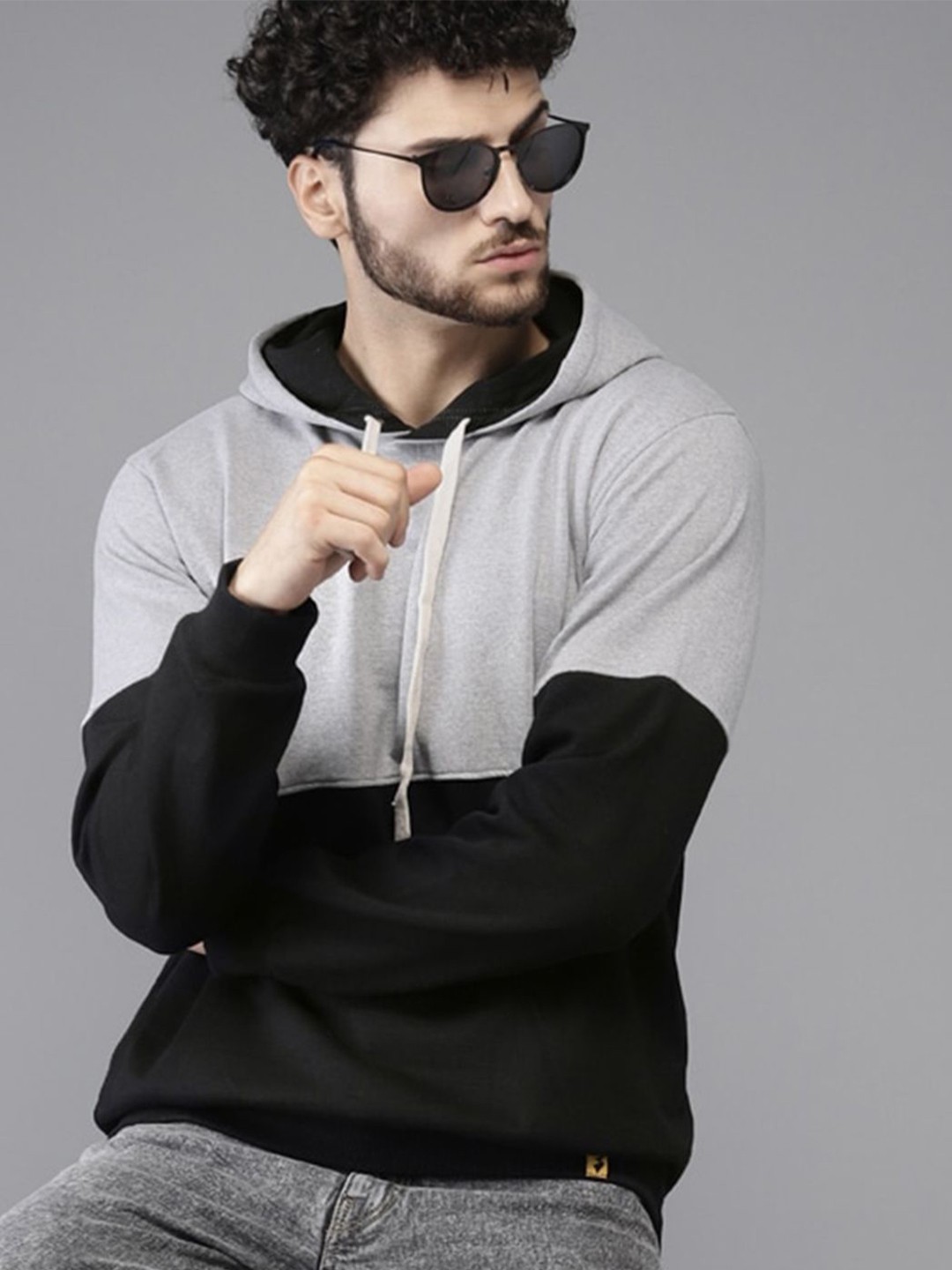 

Campus Sutra Men Black & Grey Colourblocked Hooded Sweatshirt