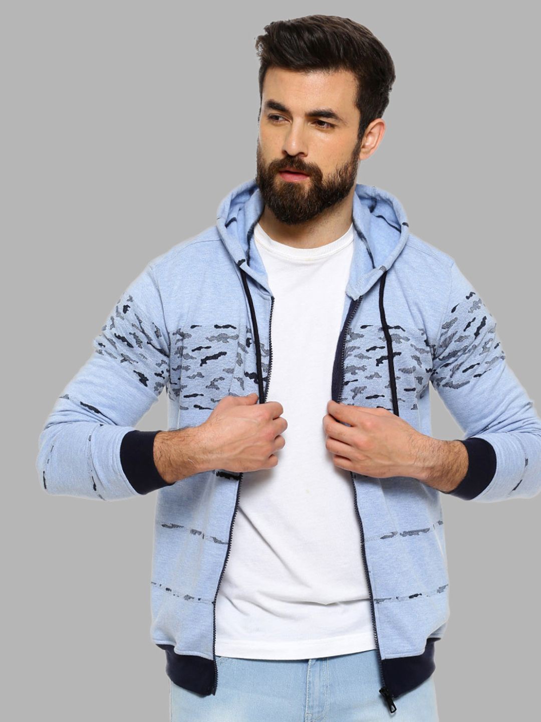 

Campus Sutra Men Blue Printed Hooded Cotton Sweatshirt