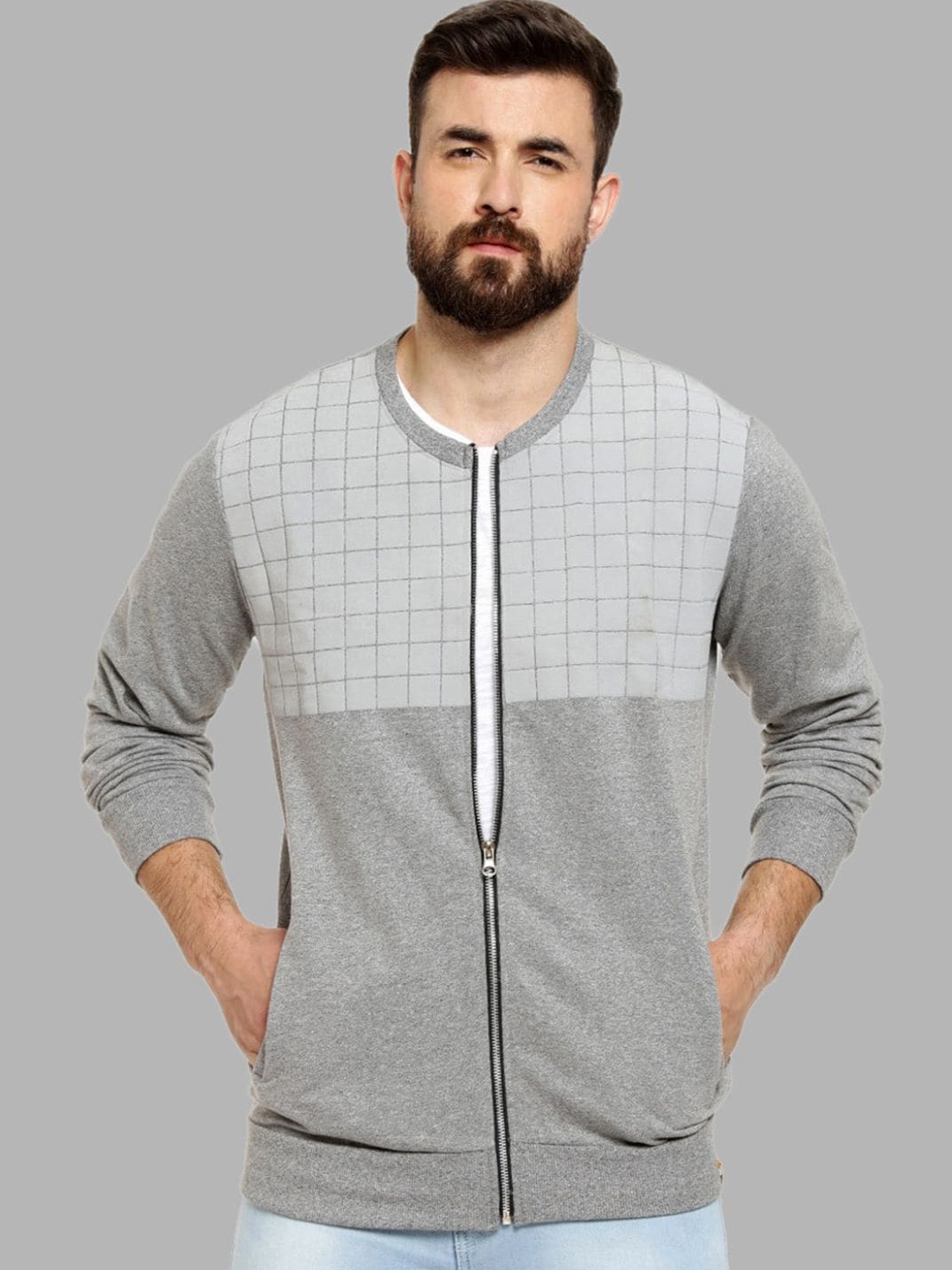

Campus Sutra Men Grey Geometric Windcheater Outdoor Tailored Jacket