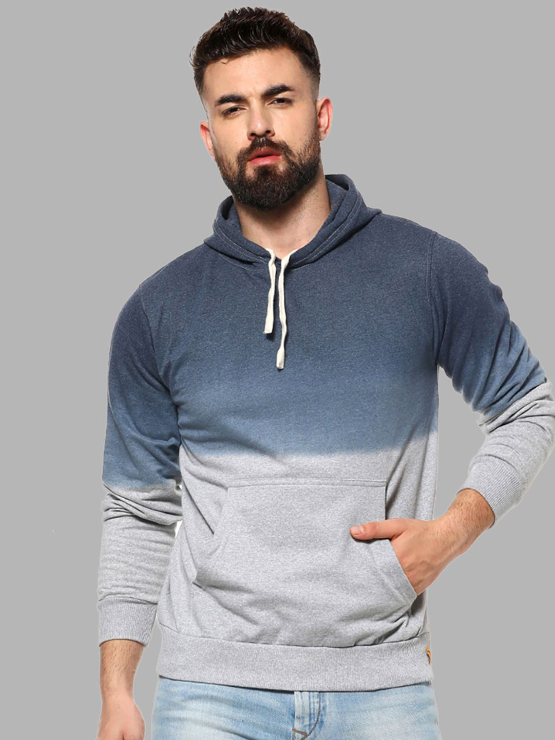 

Campus Sutra Men Grey Colourblocked Hooded Cotton Sweatshirt
