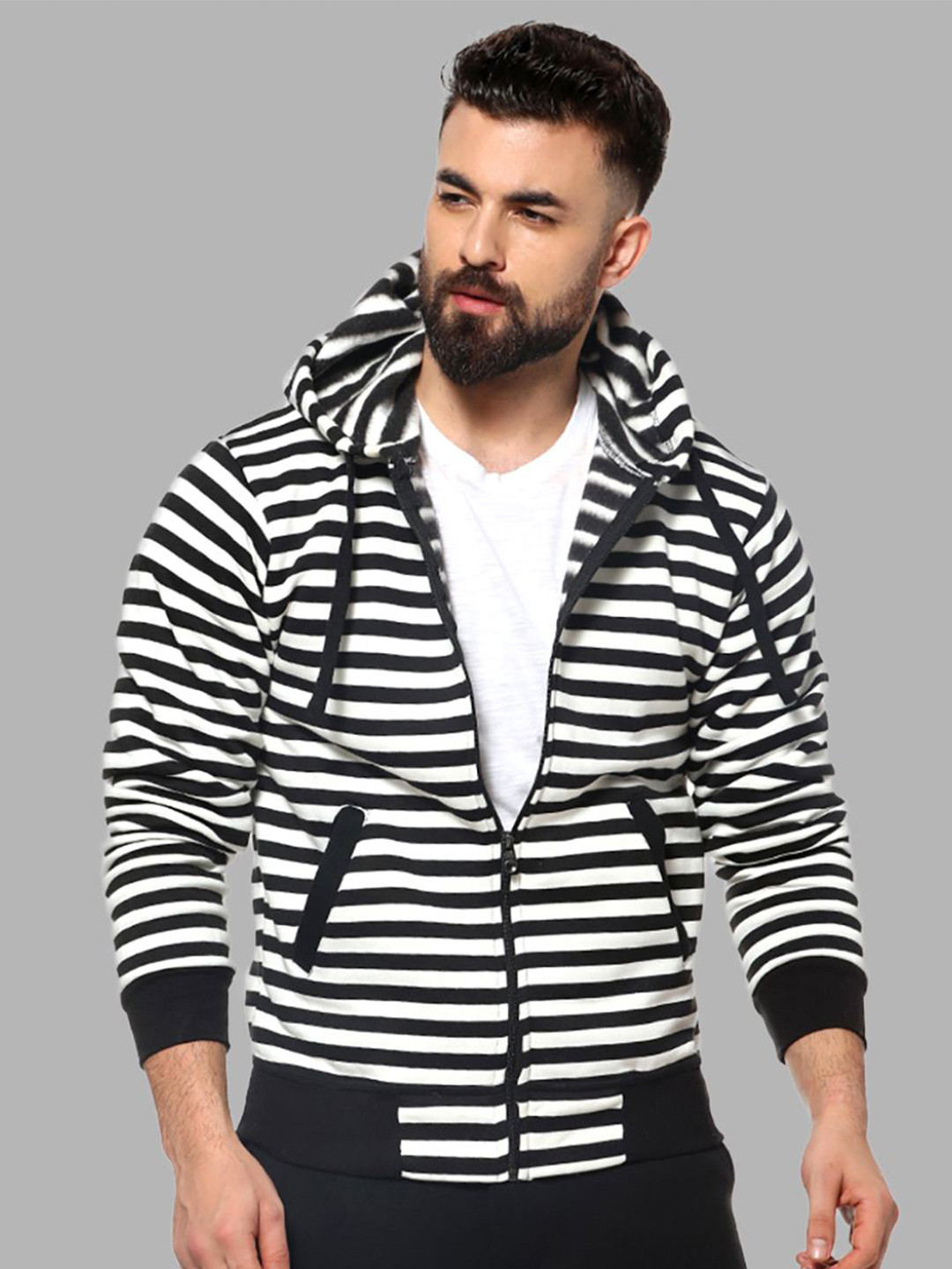 

Campus Sutra Men White & Black Striped Hooded Sweatshirt