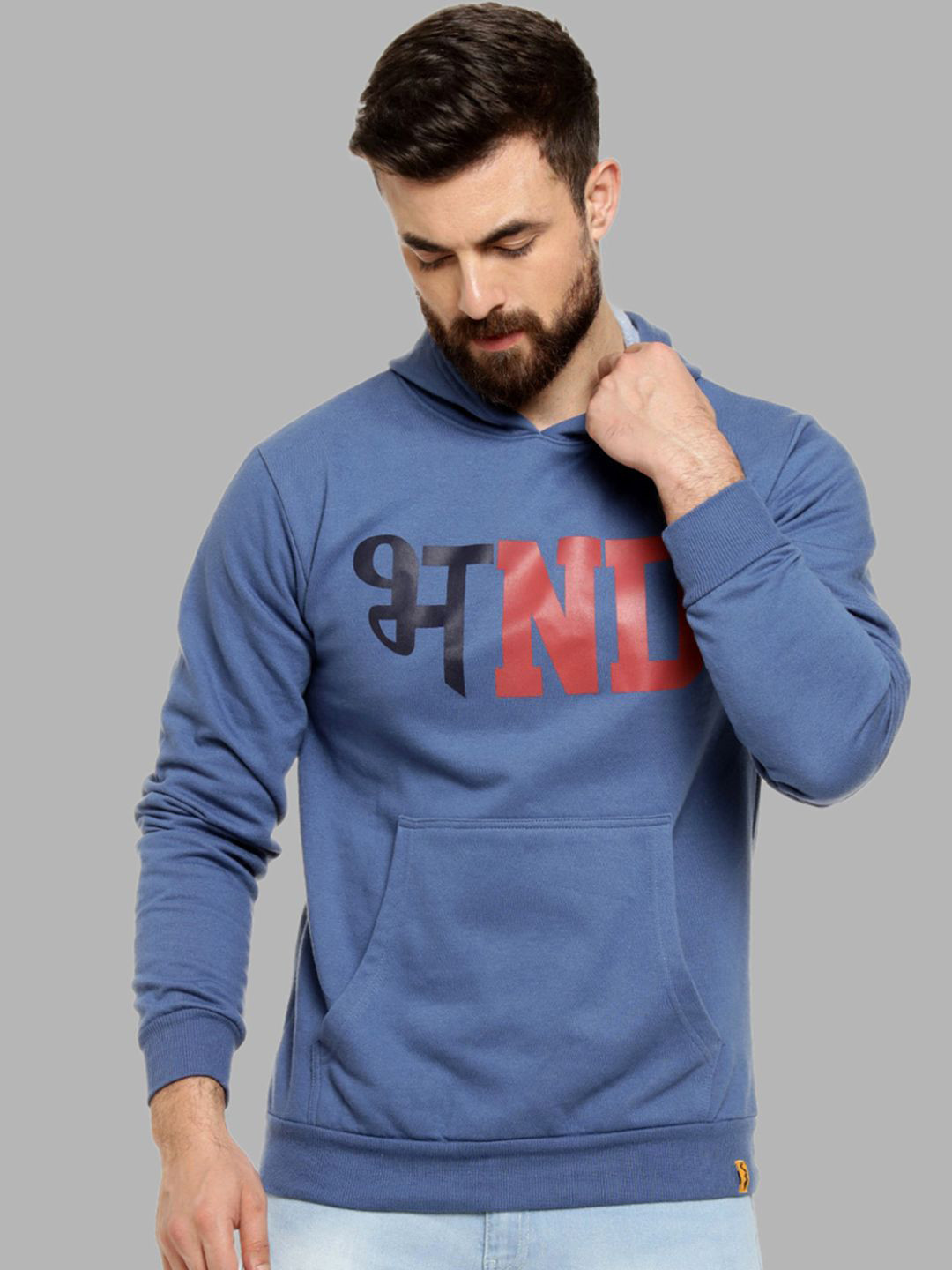

Campus Sutra Men Blue Printed Hooded Cotton Sweatshirt